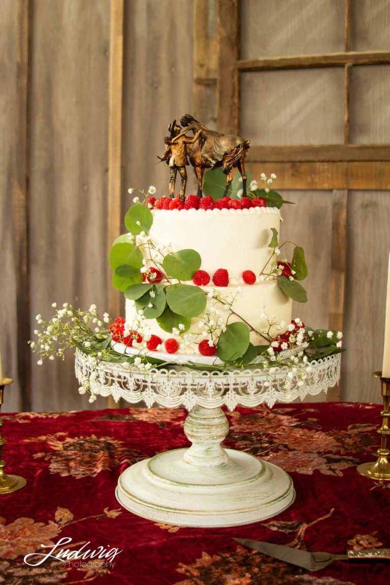 white two tier western style wedding cake with raspberries