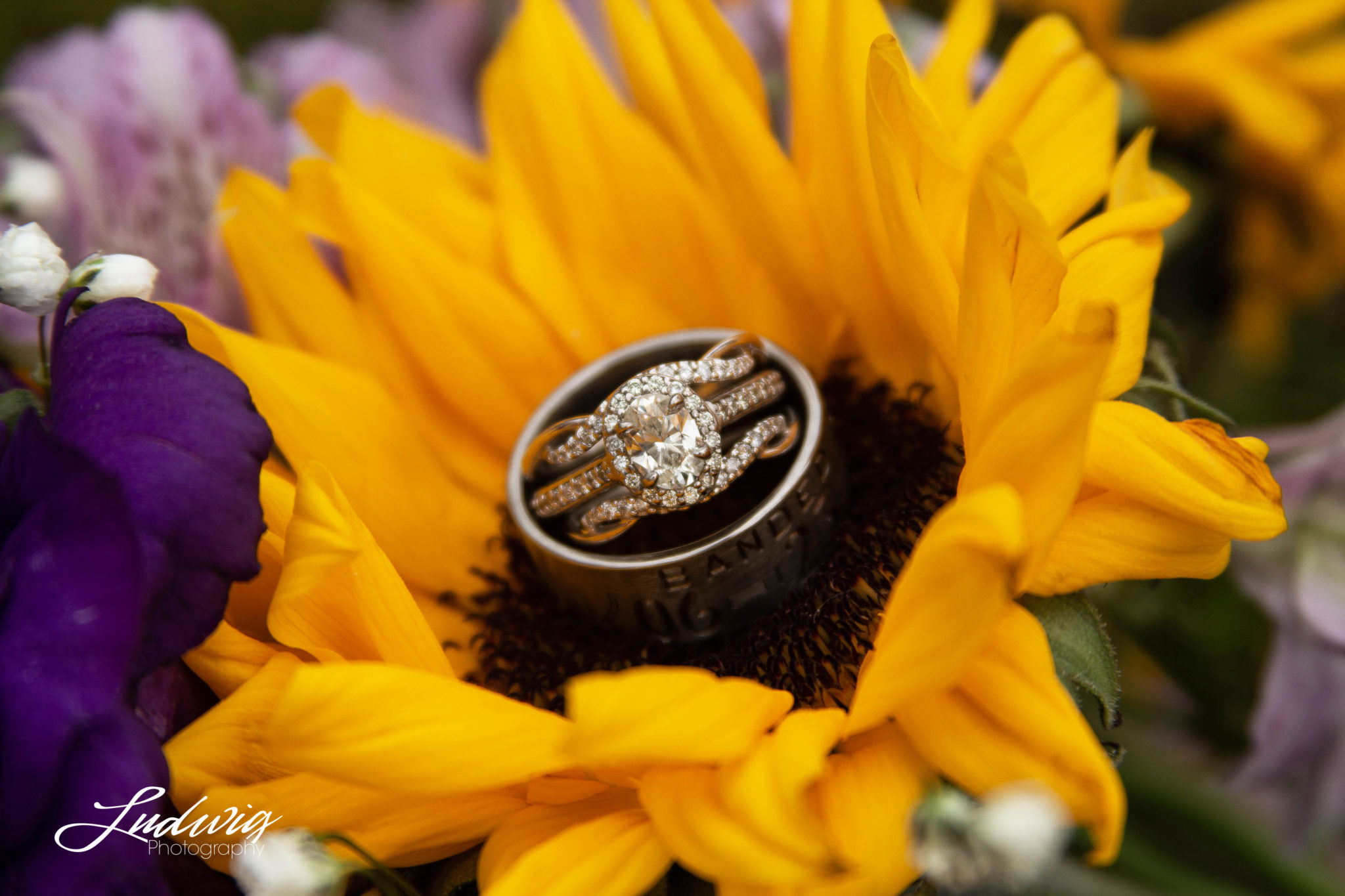 diamond wedding ring and silver band in a sunflower